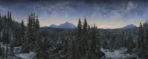Beautiful Landscape at Midnight at the Mountains Viewed from Above a Forest
