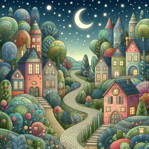 Whimsical Night Village with Moon and Stars