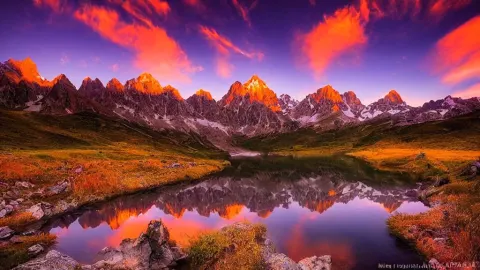Amazing Landscape Photo of Mountains with Lake in Sunset and Purple Sky