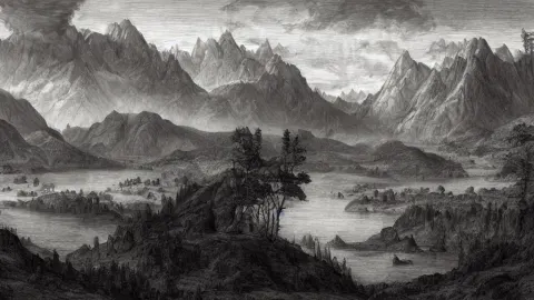 Ancient Map Pencil Sketch of Beautiful Render of a Landscape