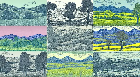 Beautiful Linocut Print on Paper of Spring Landscape with Trees