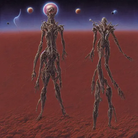 High Detailed Alien Looking to its Dead Planet on a Progressive Rock 70s Album Cover Style