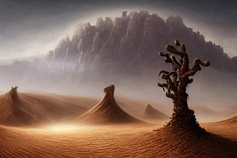 Cinematic Fantasy Landscape Painting of a Desert Valley of Bones