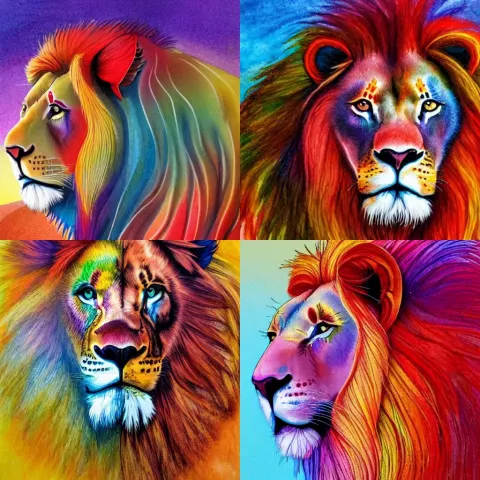 Multicolored Lion with a Red Mane in a Desert of Many Colors