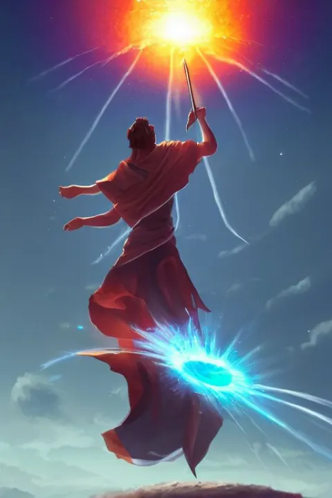 Levitating Mage Wielding a Spear Opening a Shining Portal Pulsating in the Night Sky