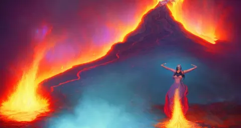 Hawaiian Fire Goddess Pele Erupting Yellowstone Volcano While She Smiles from Above