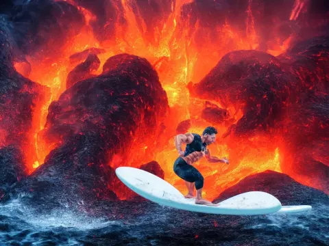 Portrait of a Bodybuilder on Surfing Board Inside Erupting Volcano