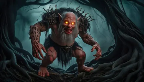 Eldritch Dwarf Amid Twisted Roots
