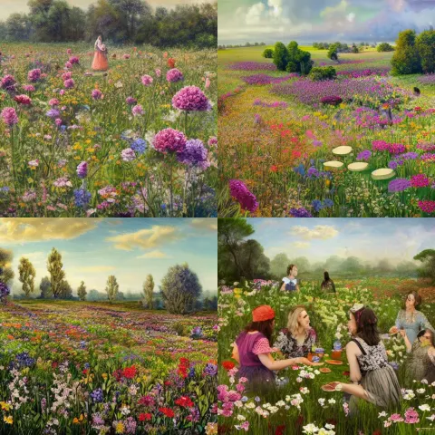 Tea Party in a Field of Flowers That Ravages the Landscape of an Ancient Civilization