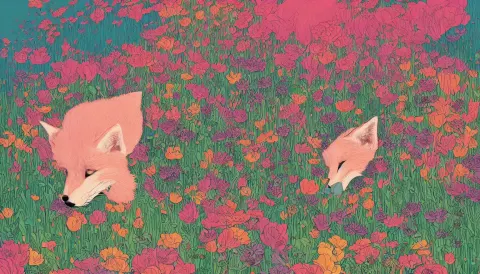 Pink Fox Head Popping Out of a Field of Multi Colored Flowers