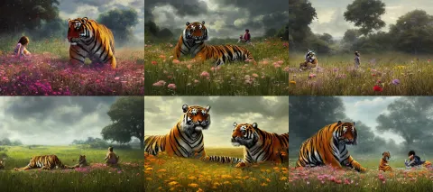 Large Tiger Sits Beside a Small Child in a Field of Flowers