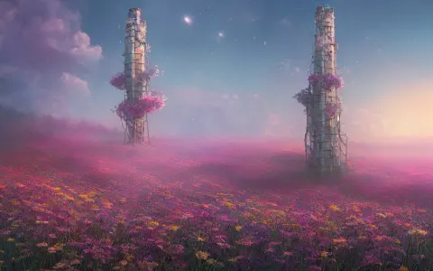 Singular Lonely Tower in a Field of Flowers Landscape
