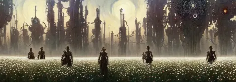 Steampunk Cybercity in a Field of White Flowers