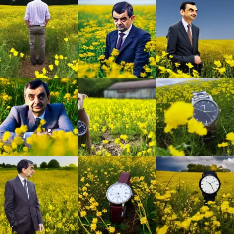 Bean Waiting Impatiently Looking at His Watch in a Field of Yellow Flowers