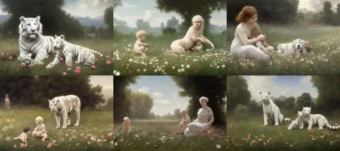 Large Albino White Tiger Sits Beside a Small Child in a Field of Flowers