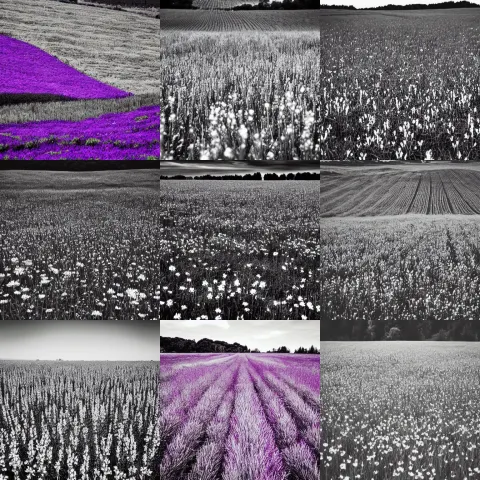 Incredible Black and White Artwork of a Field with Purple Flowers