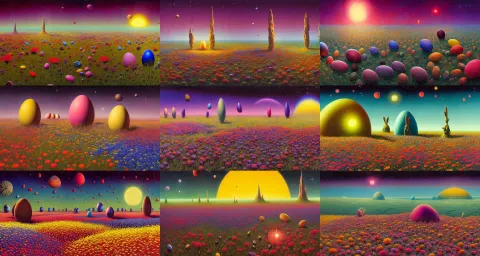 Beautiful Up Close View of a 3 D Easter Eggs in a Field of Multicolored Colored Flowers