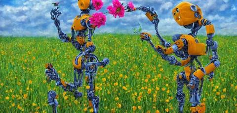 Detailed Digital Painting of a Robot Picking a Flower in a Beautiful Open Field