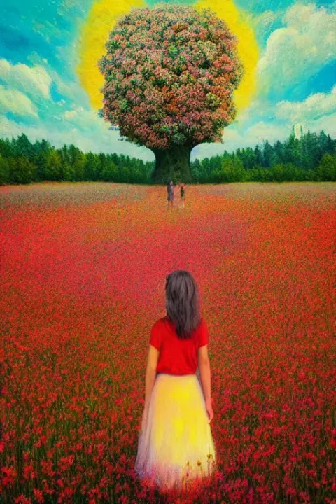 Flower Face Girl Standing in Flower Field