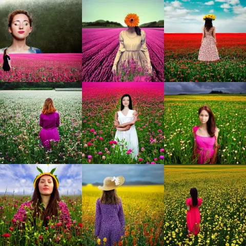 Woman with a Blooming Flower Face Standing in Flower Field