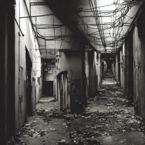 Dark Decaying Hallway in Cyberpunk Slums