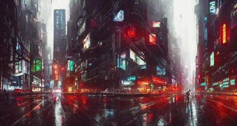 Crowded Rainy Cyberpunk City