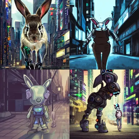 Realistic Portrait of a Cyborg Rabbit Walking on a Cyberpunk Street