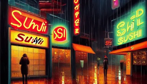 Oil Painting of a Neon Sign Storefront Sushi Restaurant
