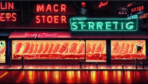A Neon Sign Storefront Meat Butcher Shop