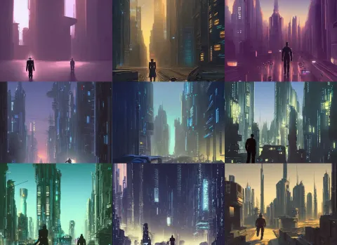 Android Walking Down a Street Next to Tall Buildings the Night at Mignight