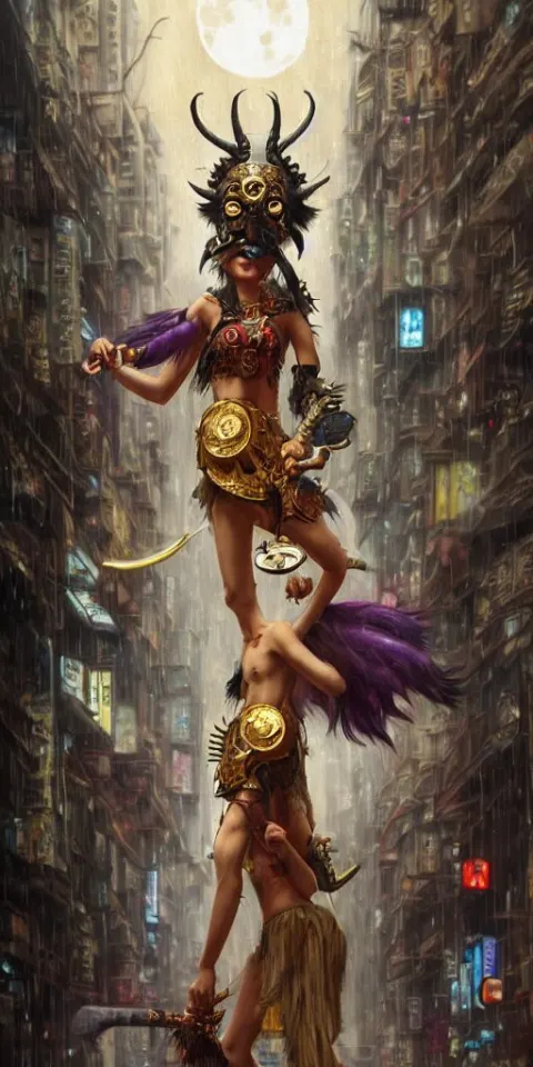 Hyper Realistic Princess Mononoke Attacking Evil Spirit with a Golden Sword