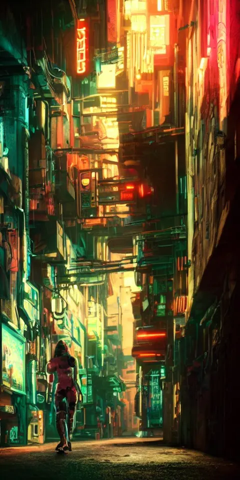 Cyberpunk Hot Dog Walking on a Narrow Dark Street