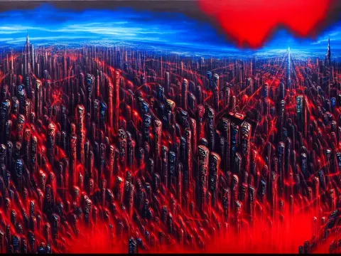 Epic Cityscape Painting of a Nightmarish Hellscape Full of Cosmic Horrors