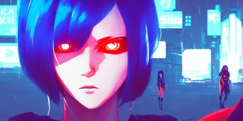 Digital Illustration Closeup of Cyberpunk Pretty Girl with Blue Hair