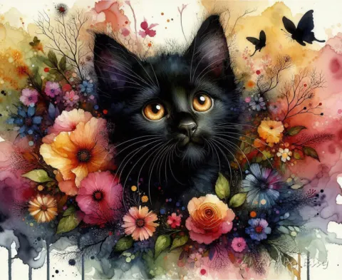 Playful Black Kitten with Flowers Art