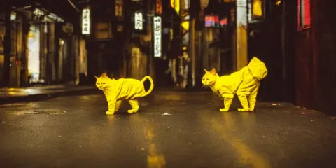Big Black Cat Standing on the Back Paws and Wearing Yellow Raincoat
