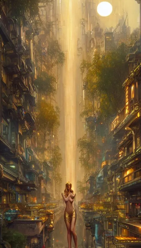 Golden Goddess Cutting a Hyper Realistic Cyberpunk City in Half with Magic