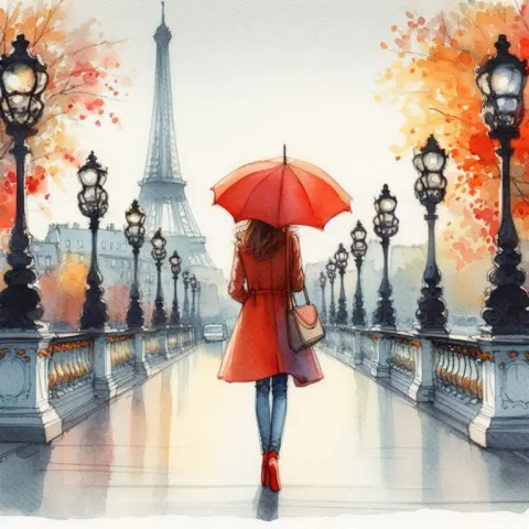 Woman with Red Umbrella in Paris