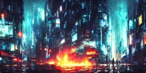 Bob Ross Style Painting of Androids Conquering a Cityscape on Fire