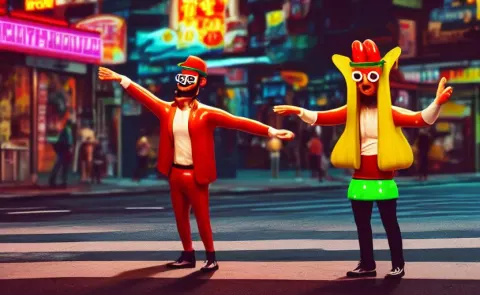 Hot Dog Man Dancing on a Street Corner