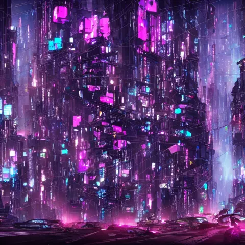 Overpopulated Busy Dark Cyberpunk Metropolis with Flying Cars