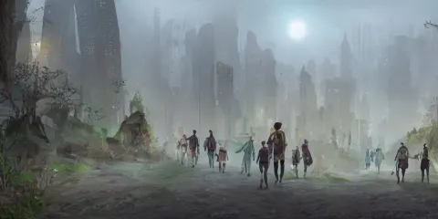 Adventure Party is Walking Towards a Solarpunk City in the Background Masked
