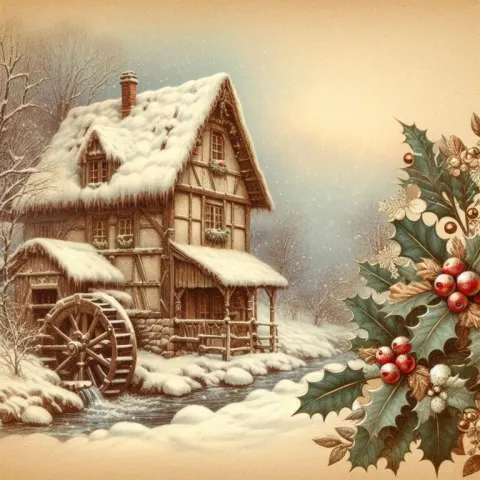 Vintage Christmas Card Snow Cottage