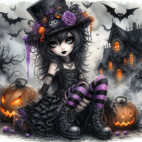 Gothic Girl with Halloween Theme Art