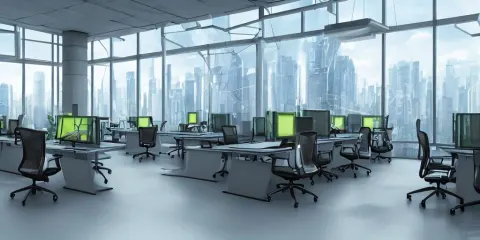 Solarpunk Futuristic Office with Levitating Chairs
