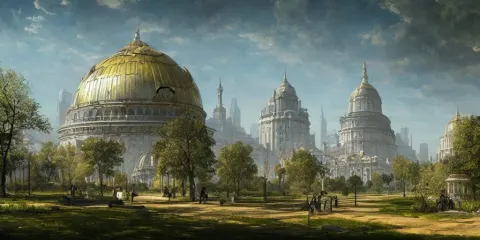 Solarpunk City and Park with a Glorious Domed Building at its Centre