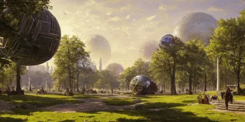Solarpunk City and Park with a Glorious Spherical Sci-fi Building at its Centre