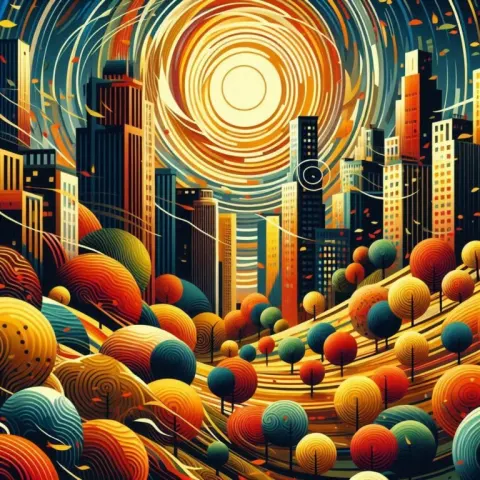 Surreal City with Trees and Swirls