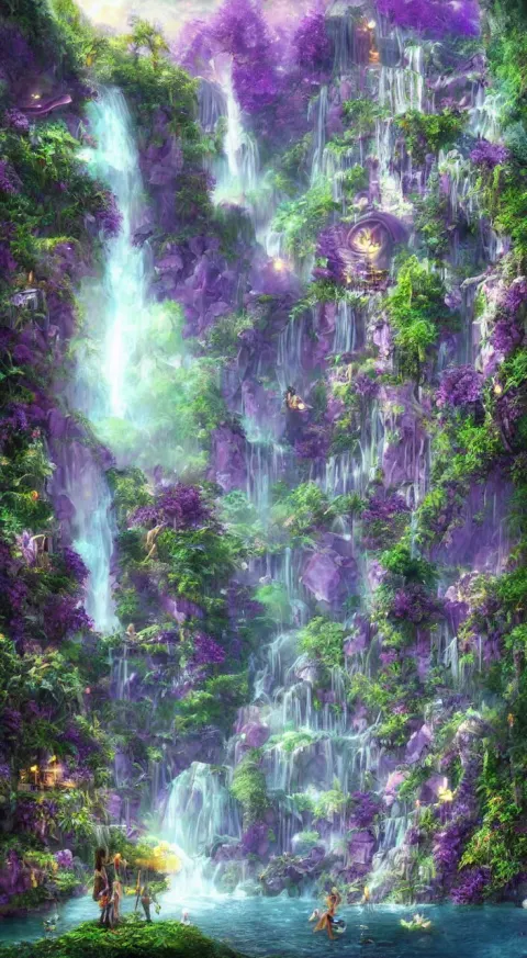 Mystical Solarpunk Fairy City in the Amethysts Wall of a Dreamy Waterfall Cave