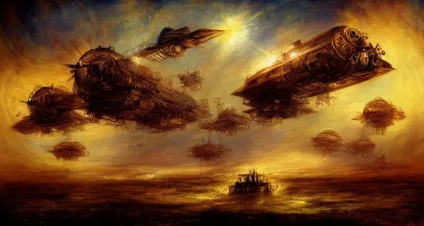 Steampunk Mech Robot Airships Fleet in a Epic Battle